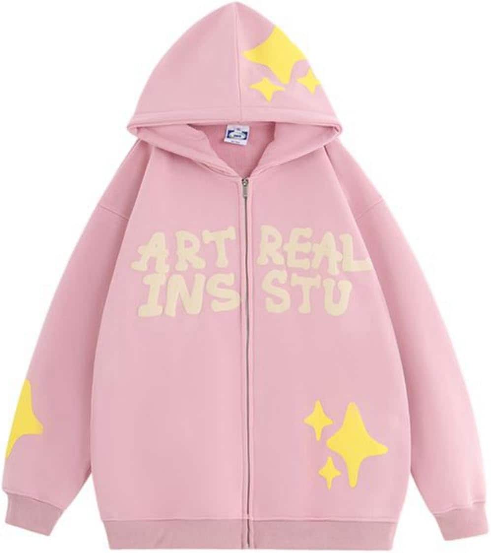 パーカー 英字 コットン100% メンズ レディース ピンク 星 プリント ボア付き トレーナー 前開き ファスナー ポケット付き 長袖 春秋用 フード 厚手 暖かい お洒落カジュアル ユニセックス