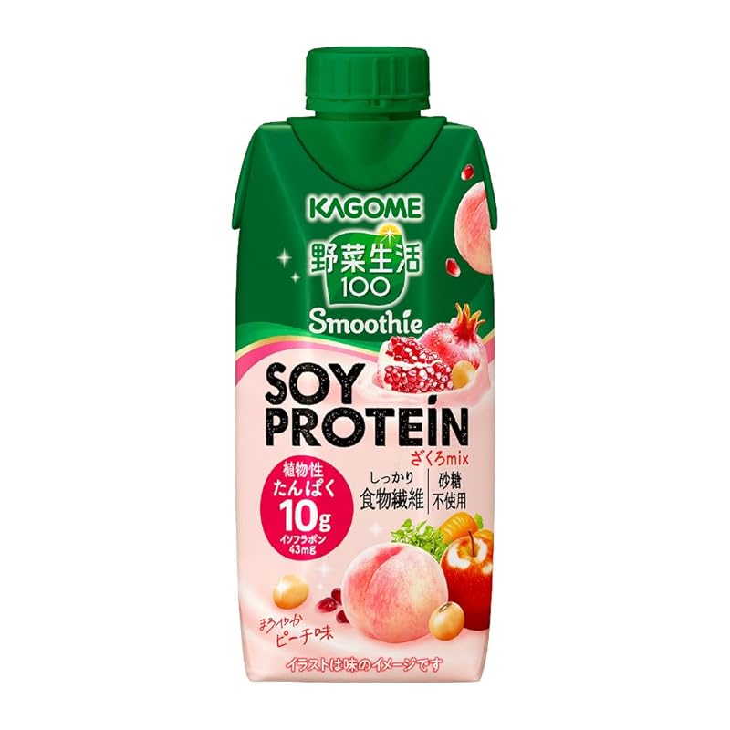 カゴメ 野菜生活100 Smoothie（スムージー） SOY PROTEIN ざくろmix 330ml×12本（ピーチ味 砂糖不使用 ソイプロテイン 植物性たんぱく イソフラボン 食物繊維 キャップ