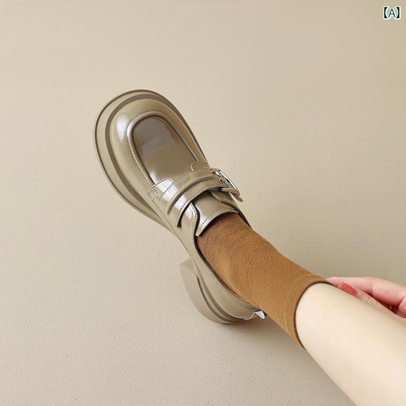 ローファー レディース 通学 通勤 学生 カレッジ 仕事 オフィス 春秋 カーキ レザー 厚底 女性 英国 スタイル 厚手 ヒール ラウンドトゥ 深口 シングル シューズ 女性