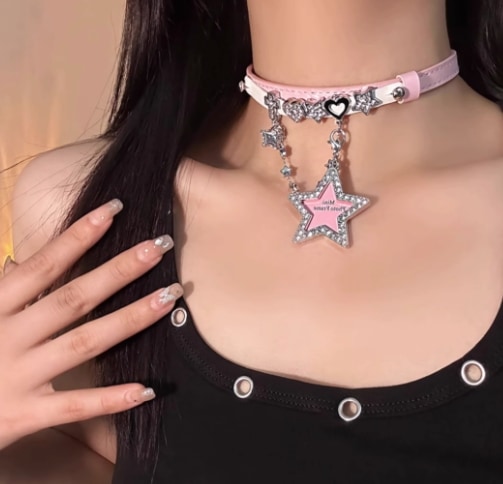 ガールピンクスターラブレザーネックレスチョーカーホットガールサブカルチャーマインシリーズドーパミンミレニアルスモール