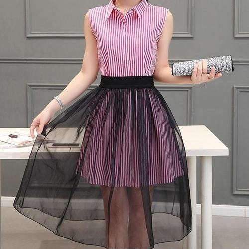 1355.ストライプシャツチュールワンピース（レッド） 2019 春夏 sale 通学 ショッピング 女子会 ランチ カジュアル 100,000円