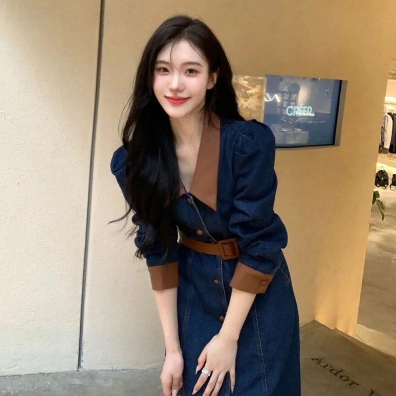 韓国 韓国ファッション ワンピース フレンチウエストシンチサマーミディスカートデニムドレス香港レトロ