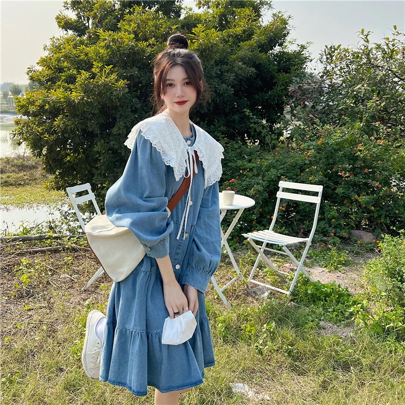 韓国デザイン可愛いゆったりデニムワンピース