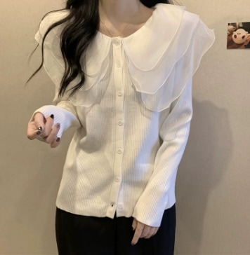 シフォン リブニット カーディガン トップス ニットソー セーター レギュラー丈 長袖 襟付き スリム 細身 ストレート 裾イン リブ 前開き 透け感 ニット かわいい 大人可愛い シンプル 5,933円
