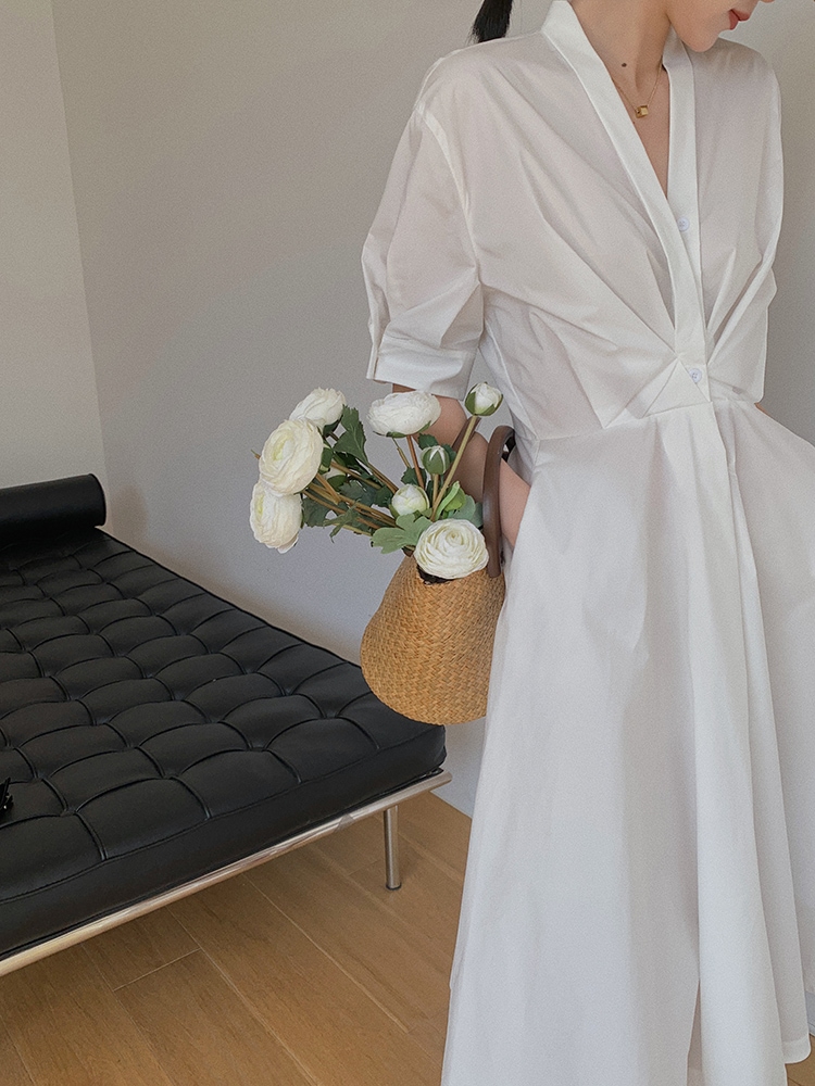 レディース ファッション カジュアル V ネック シャツ ドレス 女性 夏 ウエスト スタイル A ライン ミドル丈 スカート ホワイト ＳＭＬ かわいい 大人可愛い きれいめ シンプル カジュアル