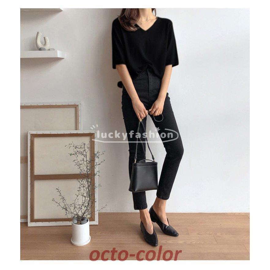 トップス ニット tシャツ ブラウス プルオーバー レディース ショート丈 フレア 半袖 無地 Vネック コーデ オシャレ 優雅 着痩せ 体型カバー シンプル