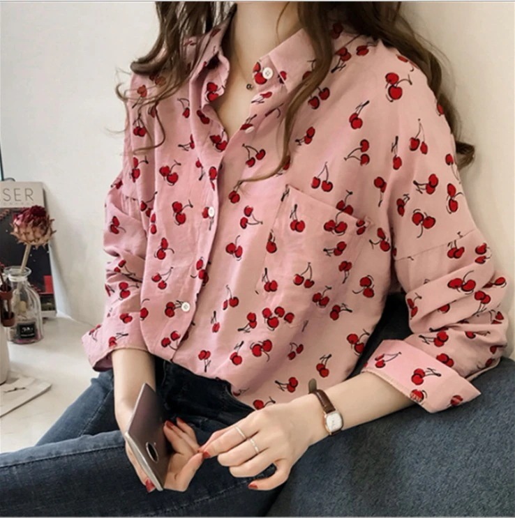 ブラウスシャツレディース長袖チェリー総柄サクランボトップス柄シャツ綿薄手白とろみゆったりおしゃれ