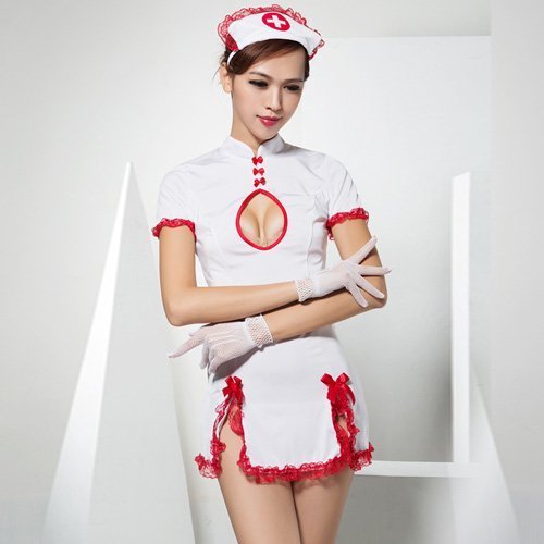 107コスプレ コスチューム ナース服 チャイナ レースアップ 胸元 レース ホワイト Mサイズ GRAXIA グラシア