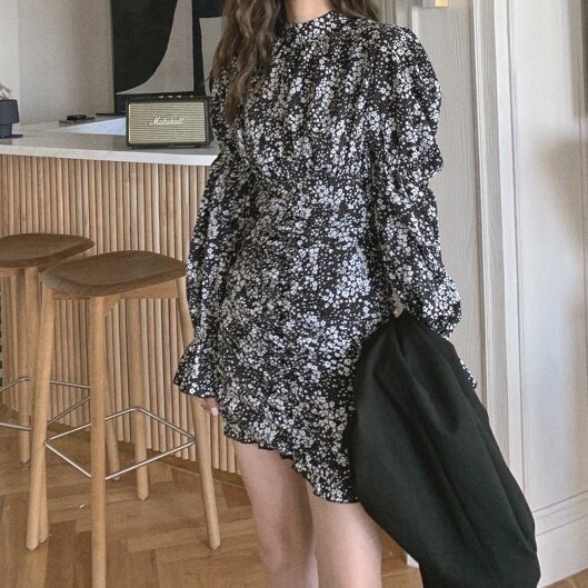 2color レディース ワンピース ミニ丈 ミニワンピース 花柄 フラワープリント 長袖