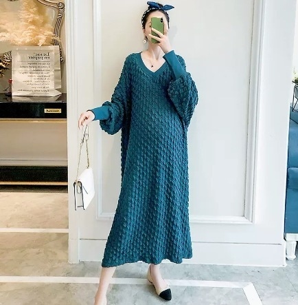 マタニティワンピース ロング丈 長袖 ストレート Aライン 伸縮 パフスリーブ Vネック かわいい 大人可愛い きれいめ シンプル カジュアル 大人 上品 おしゃれ お洒落 大人女子 こなれ感 ラフ