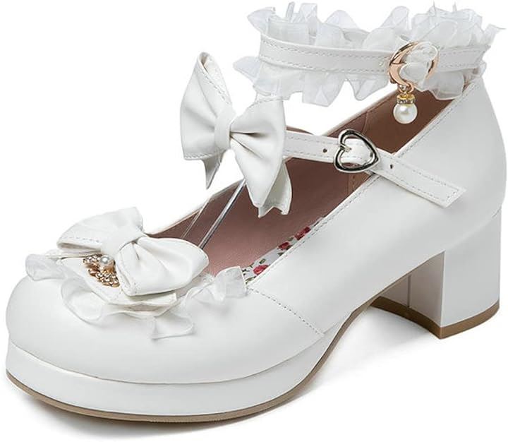 ぴゅありぼん 大きいサイズ リボン付き 厚底 ロリータ パンプス ボウストラップ ロリータ靴 24.0 cm( ホワイト, 24.0 cm)