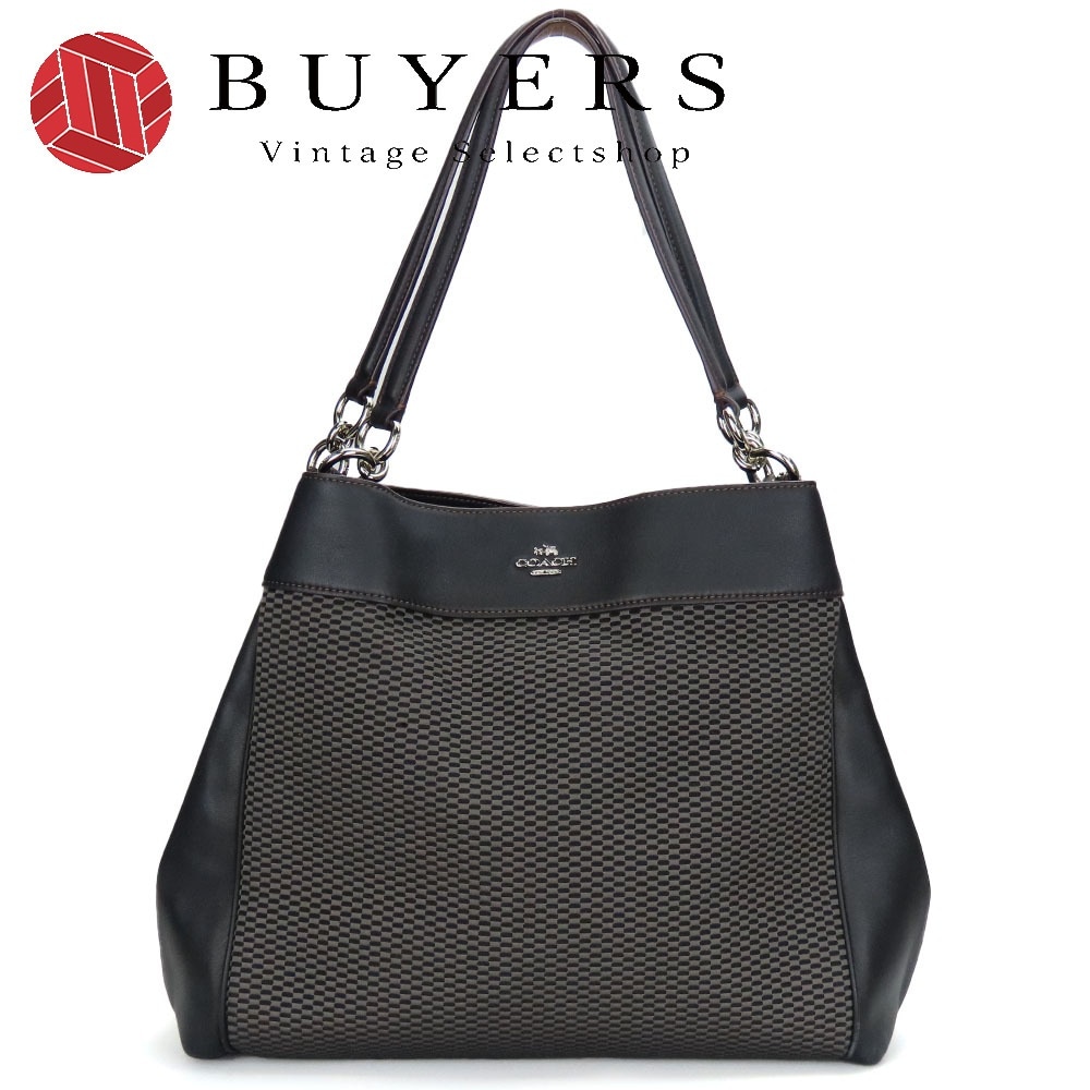 中古 トートバッグ F57540 キャンバス レザー ブラック グレー ブラウン シルバー金具 肩掛け ハンドバッグ カジュアル レディース 女性