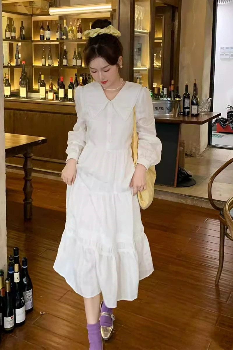 早春/秋の新作スタイル 長袖フレンチミディワンピース（パフスリーブ付き）ホワイトベースワンピースヘップバーン風ロングワンピース