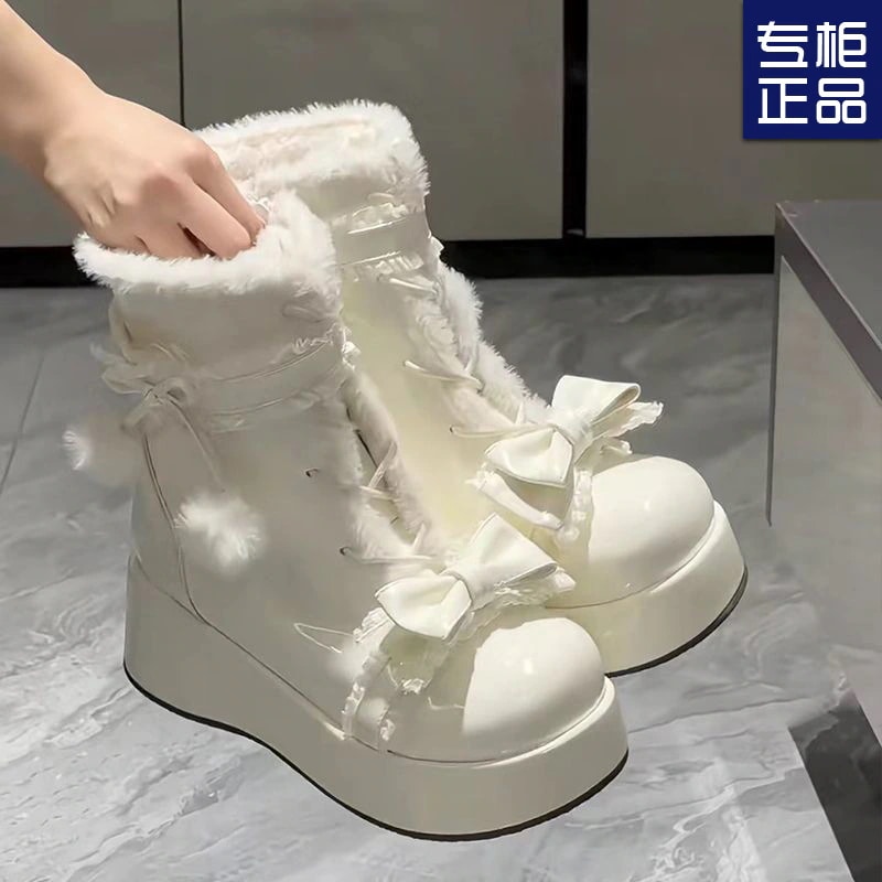 オリジナルロリータ風ショートブーツ裏起毛厚底甘くて暖かくて可愛い冬用コットンシューズ
