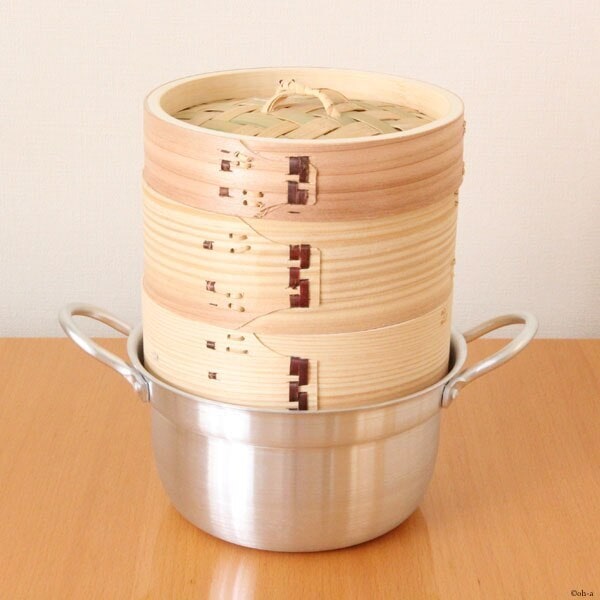 杉中華せいろセット 15センチ ステンレス製なべ1 せいろフタ1 せいろ身2のセット / 中華セイロセット 蒸篭 入門セット 天然木 ステンレス鍋 家庭用 離乳食用 蒸し料理 ガス火専用