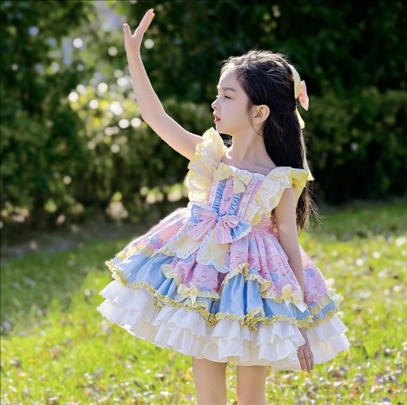 【1-3日出荷】子どもワンピース 子供ロリータ服 lolita パニエ付き ジャンパースカート ロリータワンピース キッズドレス ゴスロリ フリル 甘ロリータ プリント柄 ジュニア コスチューム コス