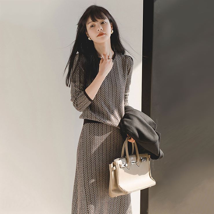 ヘリンボーン柄セットアップ ワンピース 結婚式 ドレス 結婚式 二次会 入園式 卒業式 大人 上品 入学式 OL レディース ロング丈 長袖 柄物 秋 冬