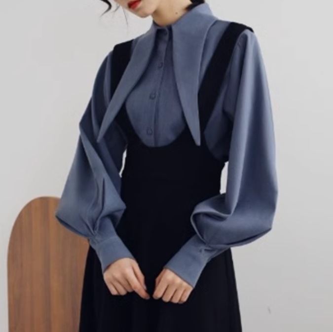 レディース スカート トップス シャツ ブラウス セットアップ フレア ジャンパースカート フレアスカート ミモレ ロング 長袖 ボリューム袖 襟付き りぼんタイ フレア セミフレア フェミニン