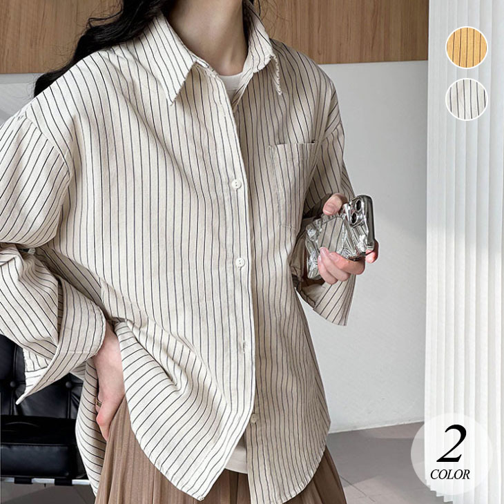 【 急速出荷】ストライプ シャツ レディース 春 秋 レトロ トップス 羽織り 長袖 シンプル カジュアル キレイめ ロングシャツ ビジネス OL 通勤 会社 オフィス 韓国ファッション
