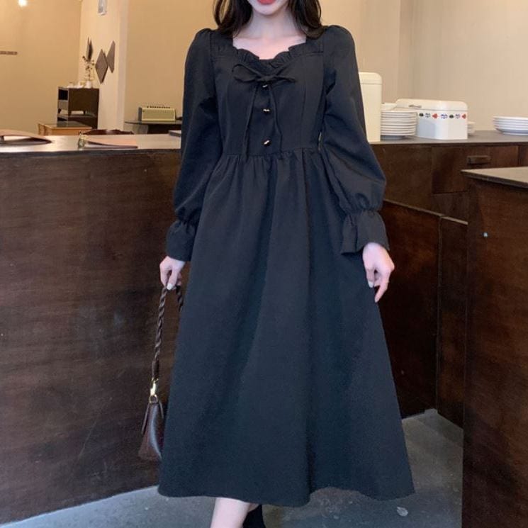 胸元リボン ペンタゴンネック キャンディスリーブ シック ワンピース 膝下 ミモレ丈 ミディアム丈 5,003円