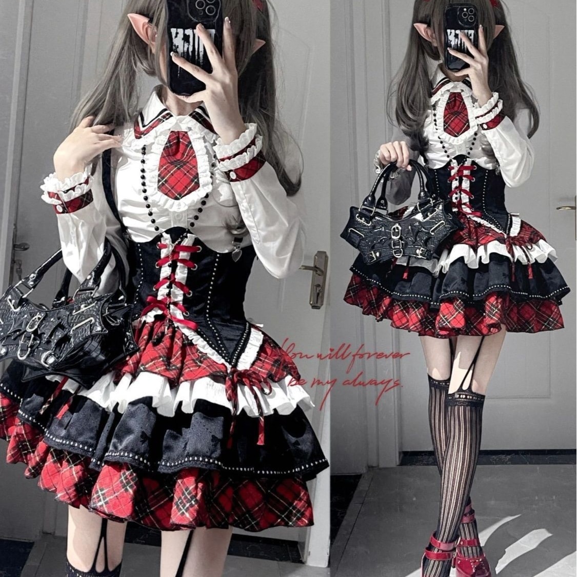 【 3天内迅速な出荷 】大人気アメリカンハロウィンサブカルチャー祭ぶつかり色シャツウエストストラップハイウエストポンポンスカート3枚セットロリータワンピース