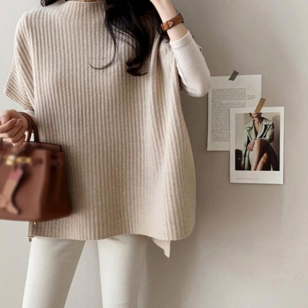 ニット ベスト レディース リブ フレンチスリーブ ポンチョ カジュアル 秋冬 111958