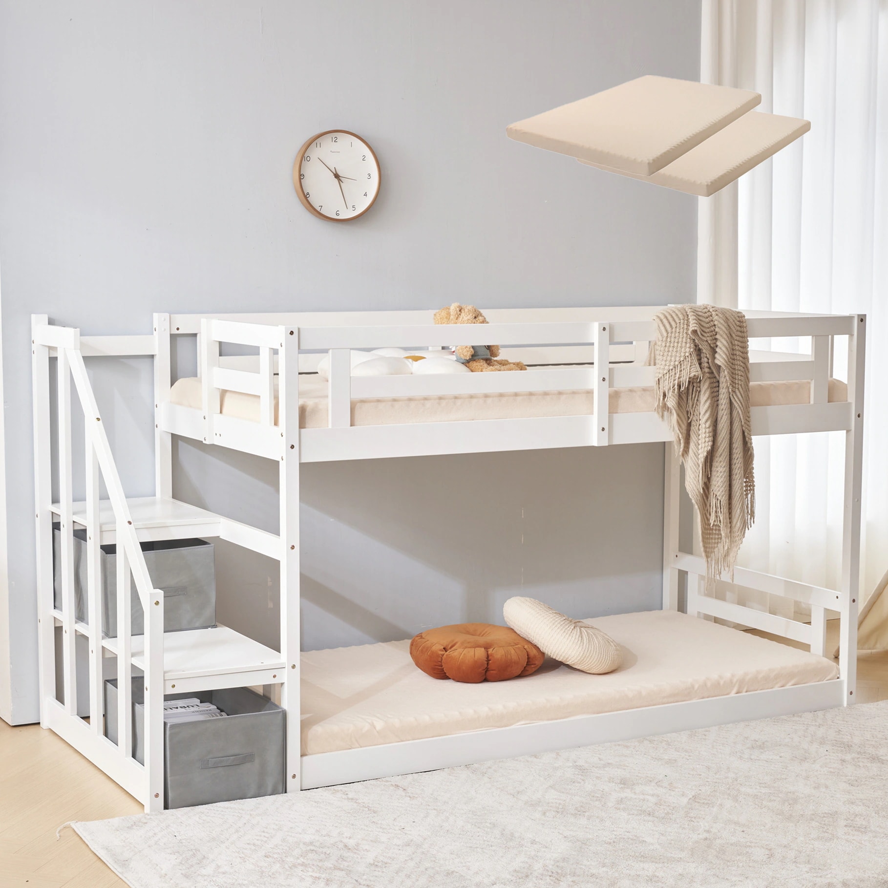 【ロフトベッド】階段付き 木製 シングル システムベッド ロフト 天然木　収納　北欧風　2段ベッド