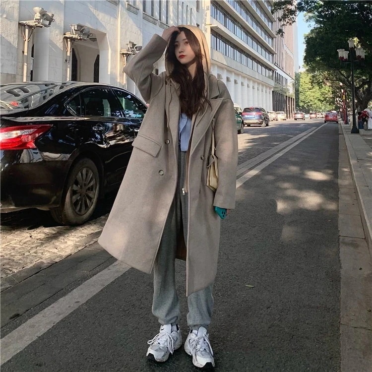 コットン追加 ボタン スリム ウールジャケット フェイク2ピース フード付き 韓国ファッション