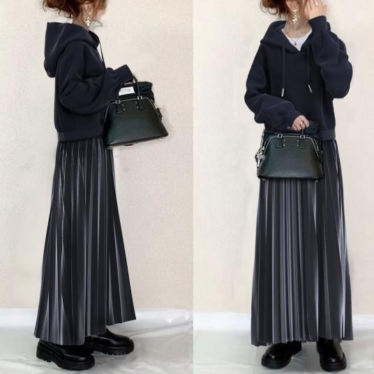 【 今季大注目のアップ】 気質アップフード付きパーカー＋プリーツスカートワンピースセット 2点セットアップ