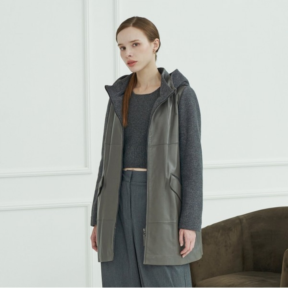 (ドゥーナツプラン) ラムスキンフード付きハーフコート_KSCT230802