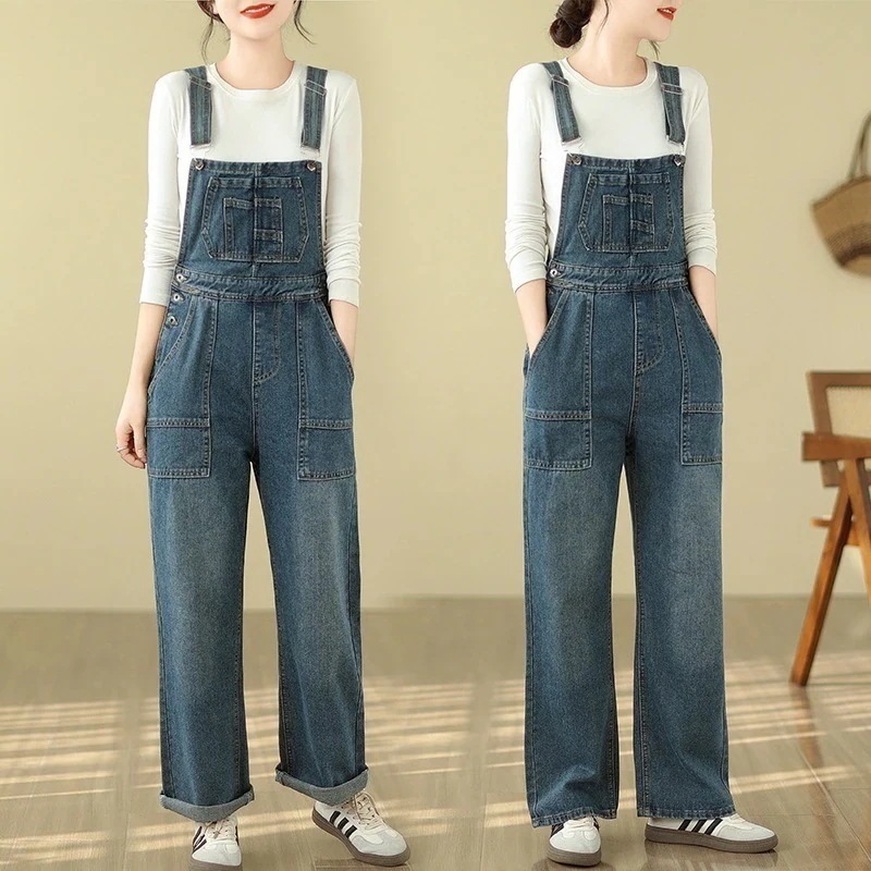 オールインワンパンツ レトロ ワイドパンツ ストレート 大きいサイズ ゆったり レディース デニムサロペット ハイウエスト