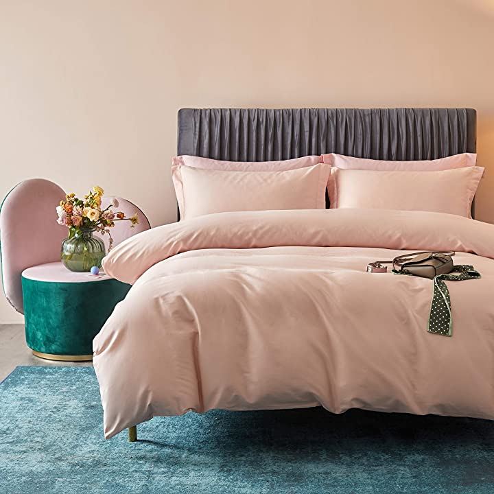 布団カバー 4点セット 無地 エジプト超長綿100% 掛布団カバー ボックスシーツ 枕カバー 300TCサテン調( ピンク, ダブル)
