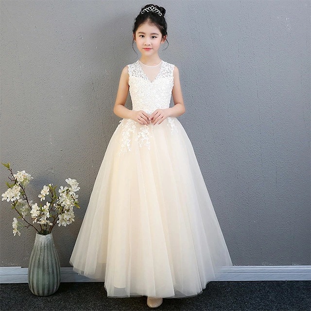 子供ドレス シャンパン色 ピアノ発表会ドレス レース チュール ロングドレス 女児ドレス ノースリーブ ロング丈 発表会 演奏会ドレス 女の子 150 160 キッズドレス シンプル ジュニア服 ステ