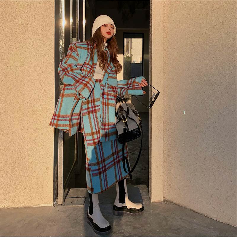 セットアップ レディース スーツ スカート ミモレ丈 チェック柄 水色