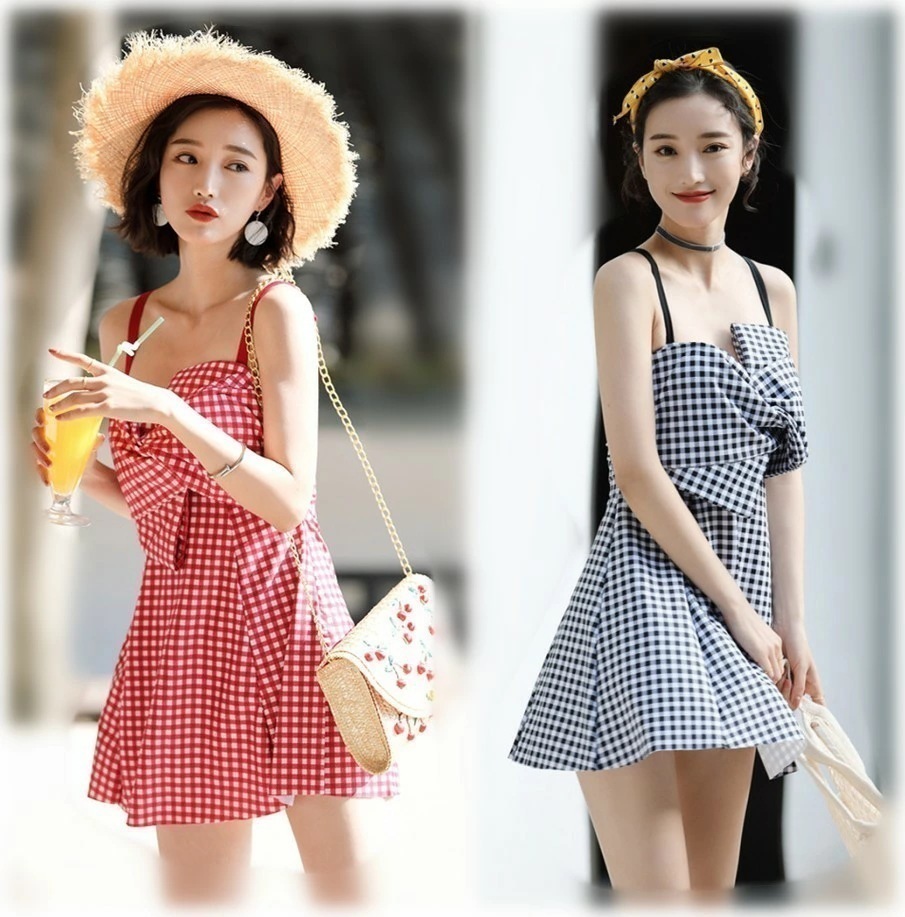 レディース水着 ワンピース パンツ付き ギンガムチェック 体型カバー 黒 赤 リボンクロス 胸元カバー 可愛い M L XL XXL