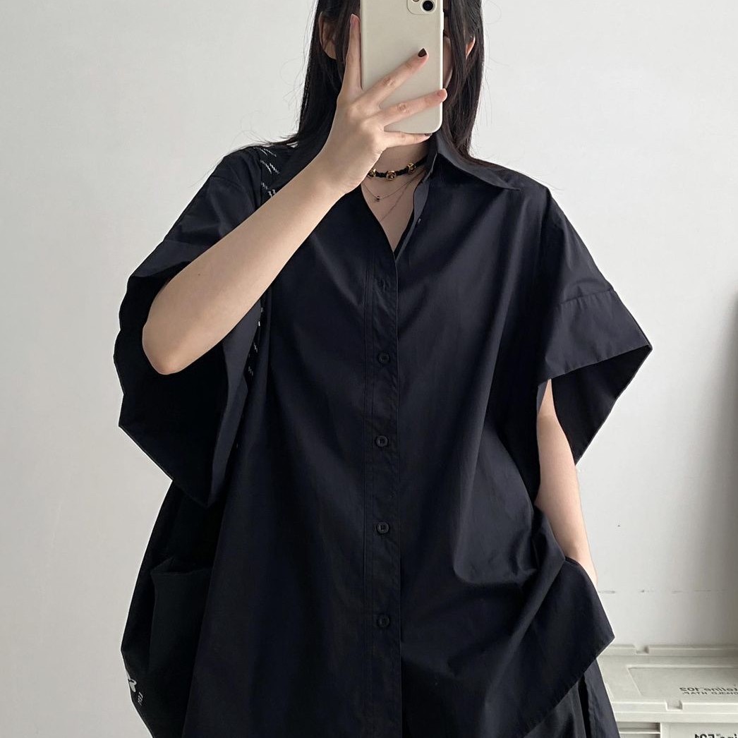 高級 半袖 黒 シャツ レディース 学生 アウター ゆったり カバー シャツ ミドル丈 トップス1225