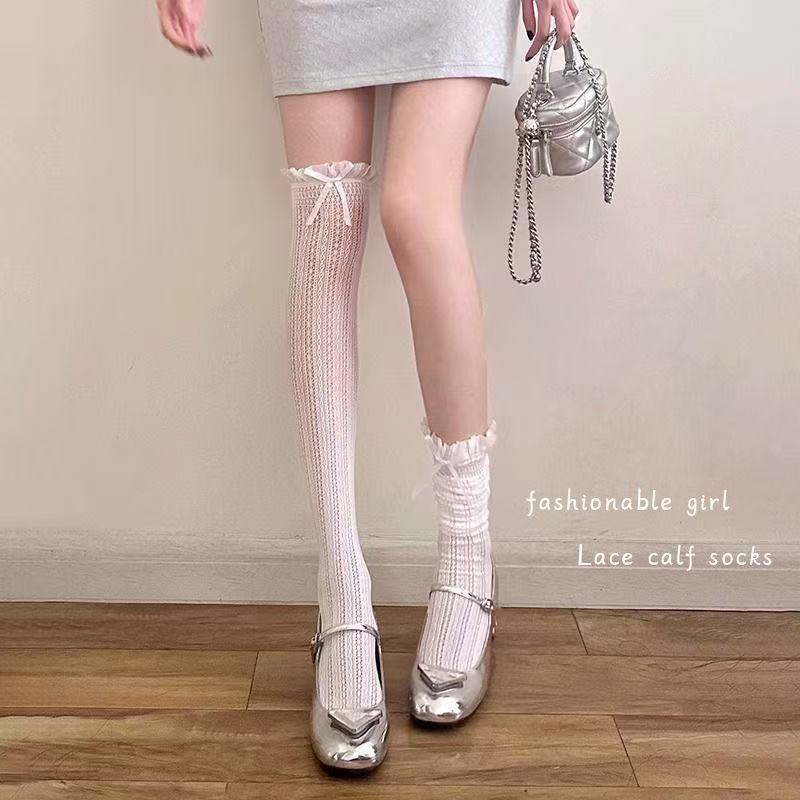 【超お得1つ買うと10個もらえる】メガ割ソックス 靴下 レディース 夏用ストッキング 女性用ニーソックス ロリータ柄リボンハイソックス