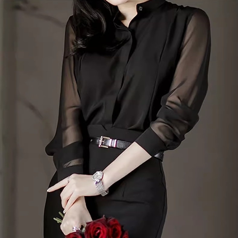 レディース トップス 前開き 長袖 スタンドカラー バンドカラー フォーマル フェミニン シフォン 透け感 シースルー コンサバ きれいめ シンプル 上品 おしゃれ かっこいい こなれ感 マニッシュ