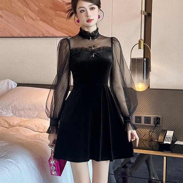 ドレス 衣装 カクテルドレス ミニドレス ハイネック 長袖 ボリューム袖 シースルー ベルベット 異素材ミックス ウエストマーク Aライン ステージドレス 発表会 かわいい 大人可愛い きれいめ