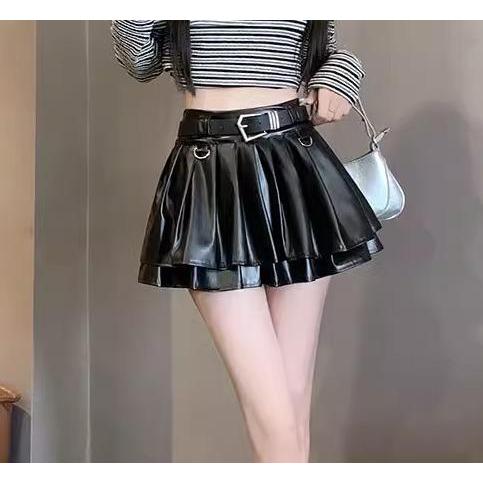 ラッフルミニ スカパン レディース 春秋 韓国 ボトムス PU フェイクレザー ミニ丈 スリム ベルト付き ケーキスタイル シンプル カジュアル セクシー 黒 シル ラッフルミニ