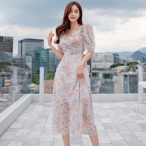 キャバドレス ナイトドレス ミディアムドレス フレア Aライン カシュクール オフショルダー ワンピース 五分袖 花柄 透け感 レディース グラシア