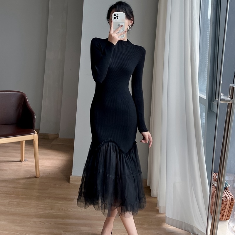 ワンピース ミモレ丈ワンピース 長袖 ハイネック マーメイドスカート 異素材ミックス フリル ミモレ丈 シースルー かわいい 大人可愛い きれいめ シンプル 上品 おしゃれ 大人女子 レトロ きちんと
