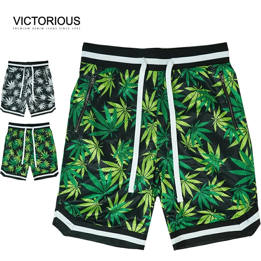 【クリックポスト発送】VICTORIOUS ビクトリアスメンズ ショーツJS17 LEAF MESH SHORTSリーフ メッシュショーツBLACK L