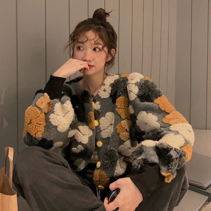 立体フラワーボアニットカーディガン ニットカーディガン カーディガン 刺繍カーディガン 花モチーフニットカーディガン