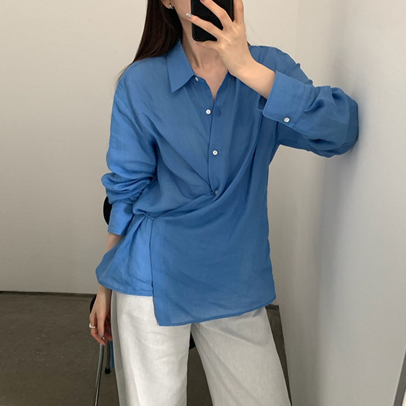 麻素材の薄手のサイドバンドデザイン気質百合シャツ女25春夏新着痩せトップス24726