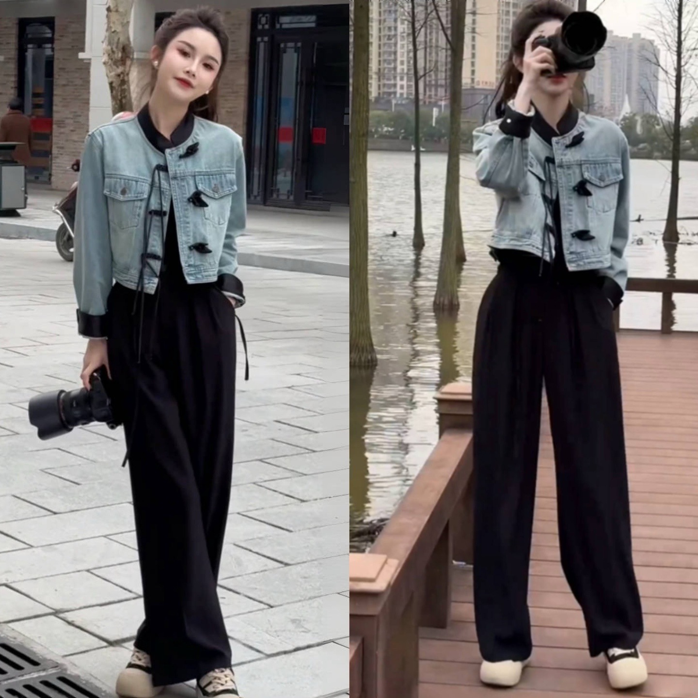 今年の人気ファッション国民風スーツ女性用2024春秋新作チャイナボタンデニムジャケットワイドパンツ2点セット