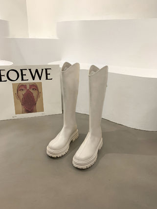 ロングブーツ Vカット バックジッパー 厚底 ブーツプラットフォーム プレーントゥ ラウンドトゥ ラバーソール エナメル ストリート ニーハイブーツ 無地 フェイクレザー 太めヒール