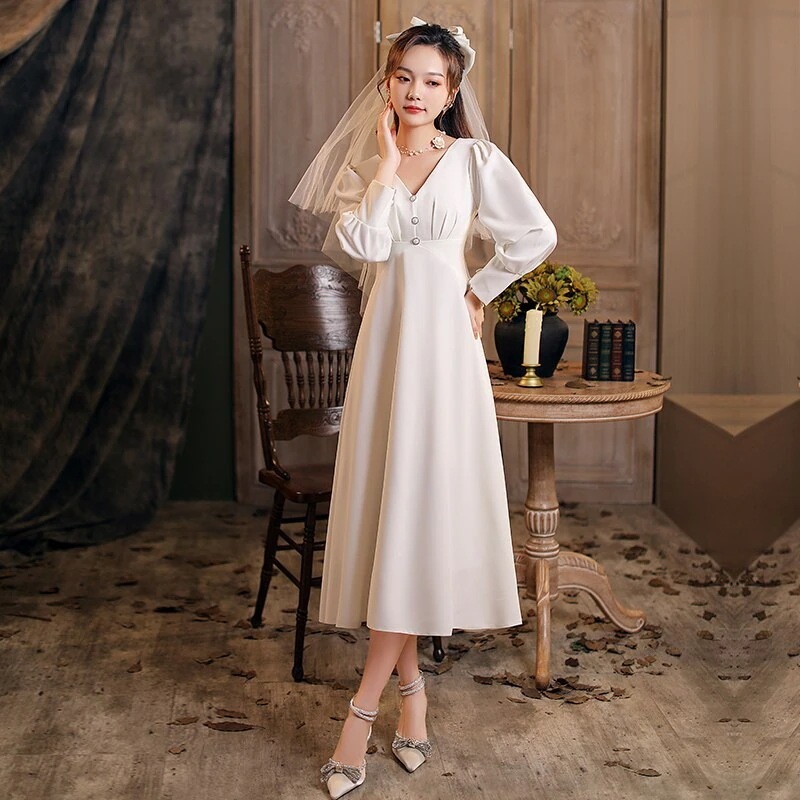 韓国ファッションフレンチサテンドレス長袖ウエディングドレスワンピース二次会 スレンダー結婚式 花嫁