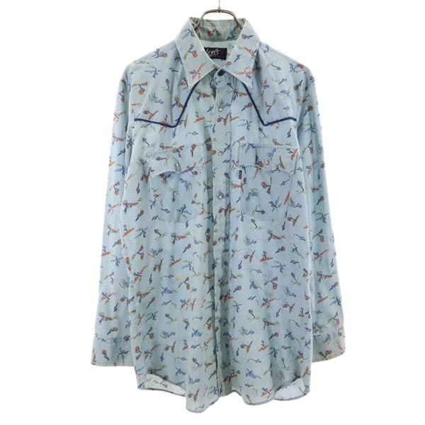70s ヴィンテージ USA製 総柄 長袖 ウエスタンシャツ L ブルー系 メンズ