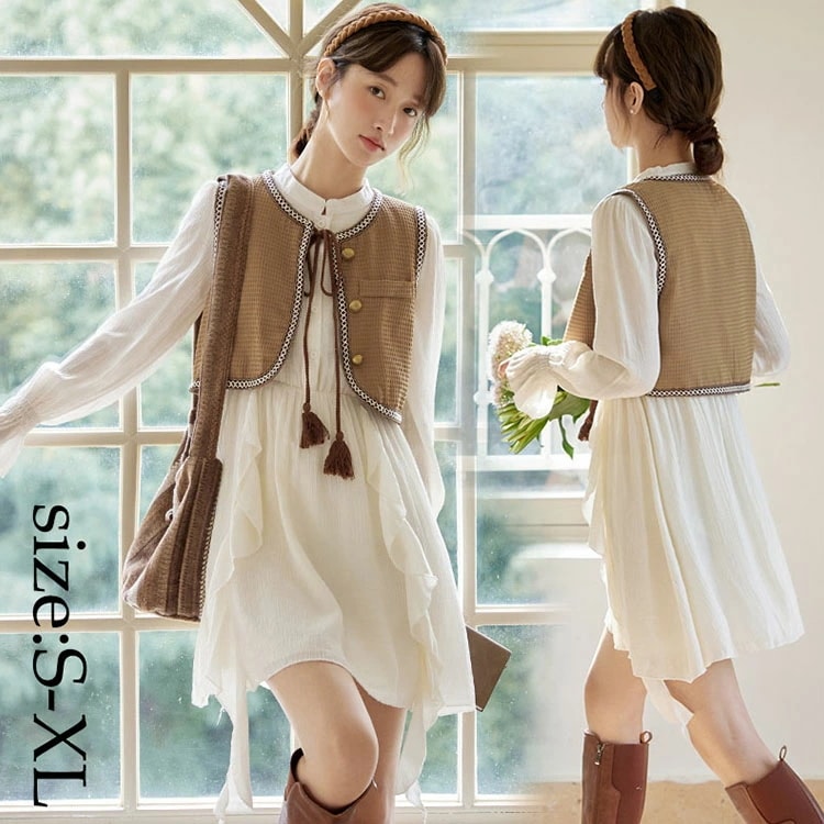 レディース セットアップ ワンピースセット ベスト+ワンピース オシャレ ファッション お洒落 シャツワンピース 膝丈ワンピース ゆったり 着痩せ 長袖 20代 30代 40代 きれいめ 2点セット